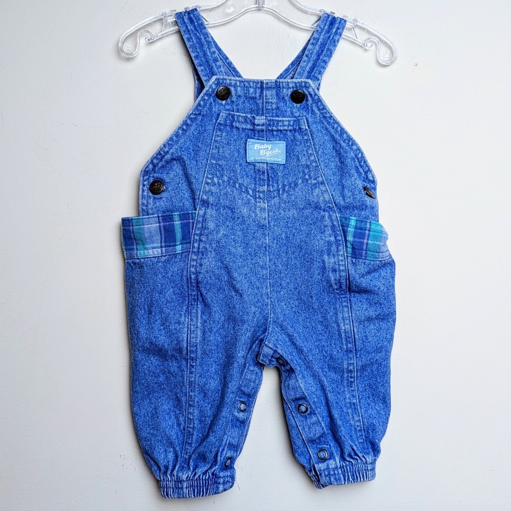 Vintage Oshkosh Bgosh Overalls Bubble Denim Plaid‎ Pastel Baby 80s Size 3-6 Mos